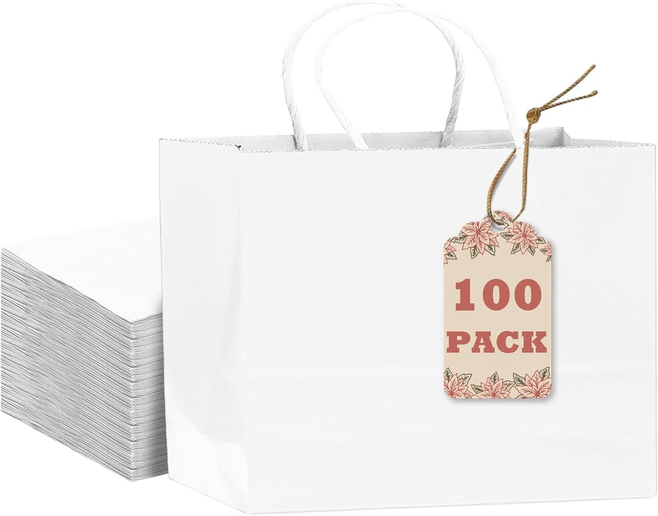 Large Gift Bag with Handles 100PCS Gift Paper Bags White Bags Multiple Uses (Wide Large)
